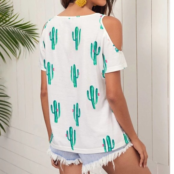Cold Shoulder Short Sleeve Cactus T-shirt - Picture 2 of 7